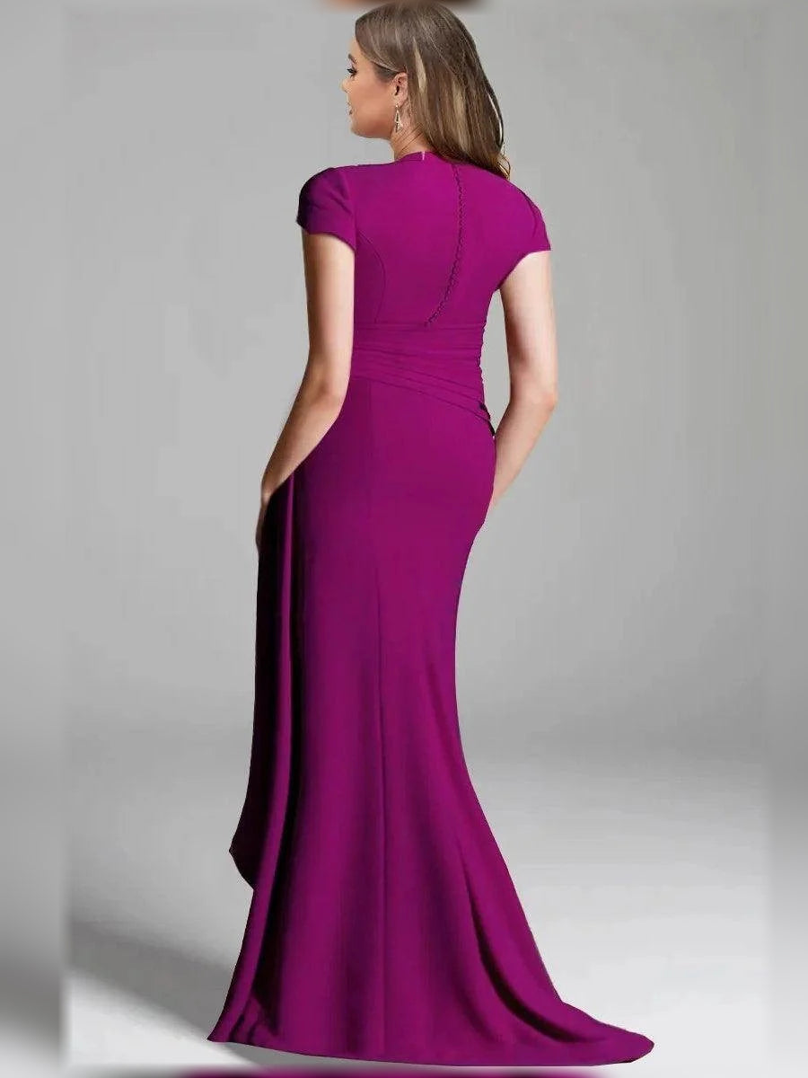 Magenta V-neck mermaid mother-of-the-bride dress, short sleeves, draped back detail