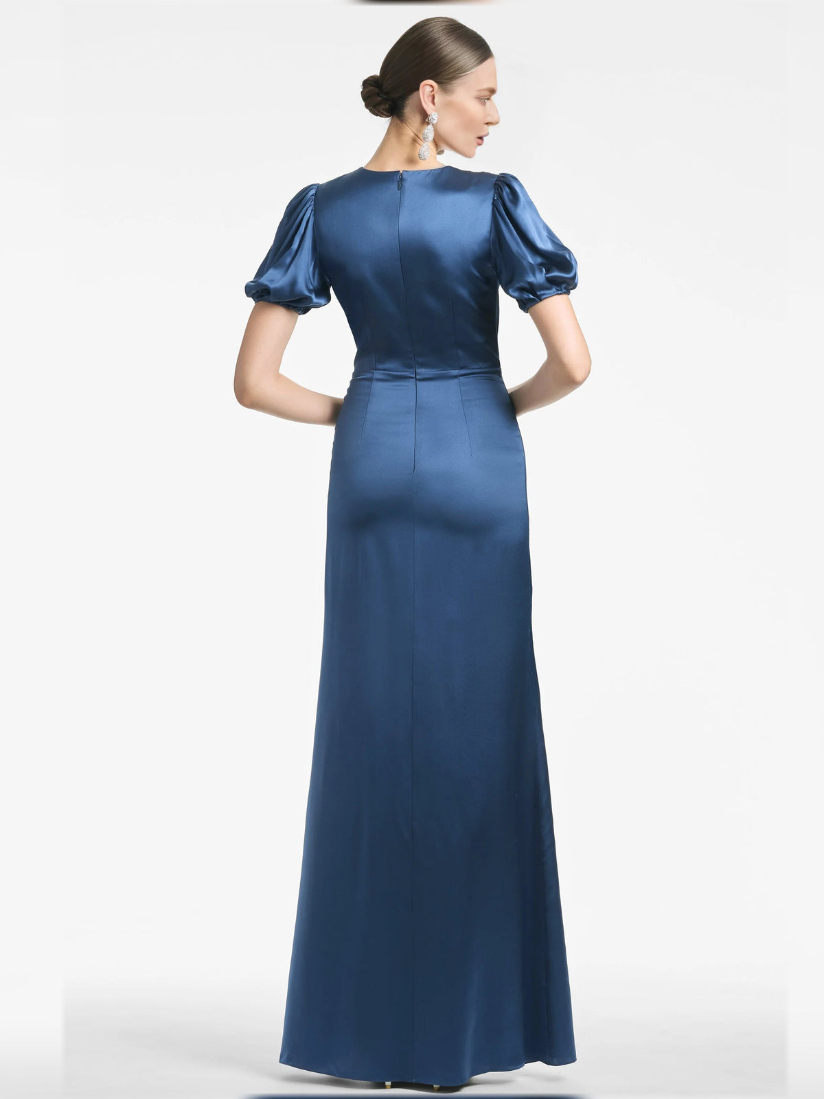 Navy-blue V-neck puff-sleeve ruffle maxi formal dress, back view with tiered hem