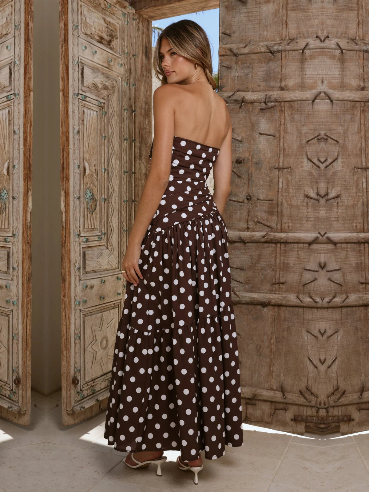 Brown White Polka Dot a-line maxi formal dress with printed pattern, full-length back view