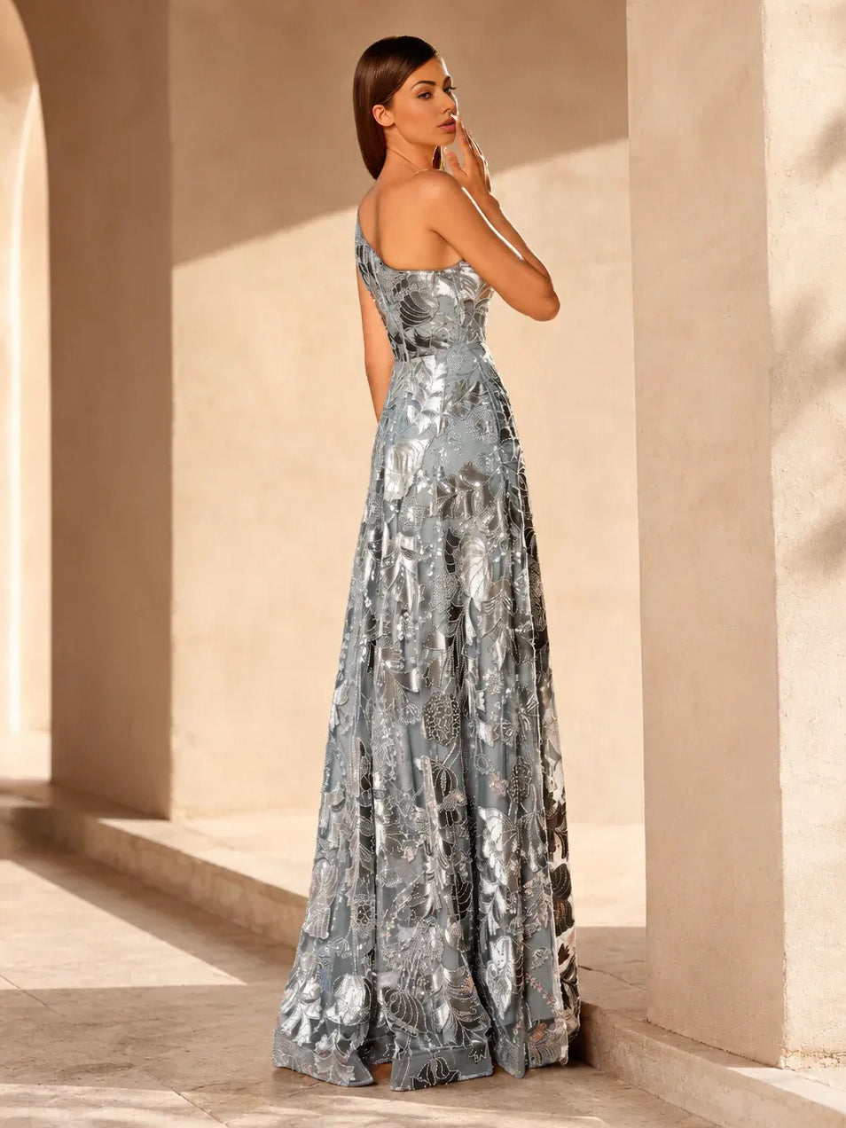 Silver one-shoulder A-line floor-length formal dress, floral sequin print, side view