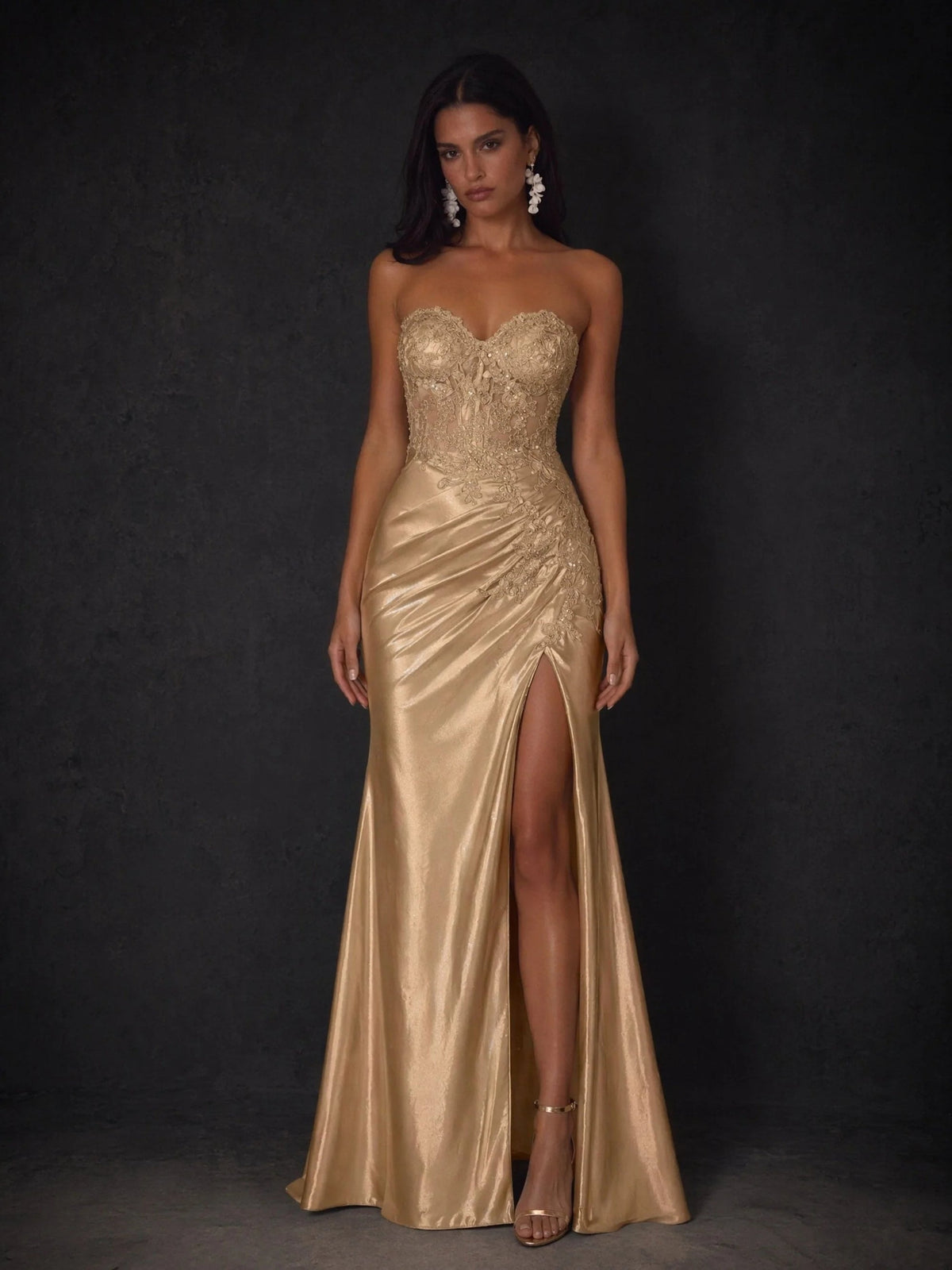 Champagne gold strapless sweetheart ruched satin sheath dress with front slit