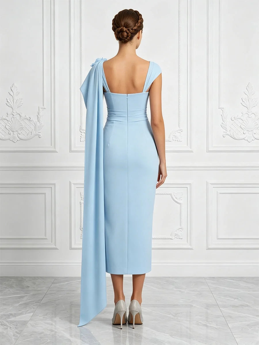 Baby blue one-shoulder midi dress, open back with draped chiffon overlay