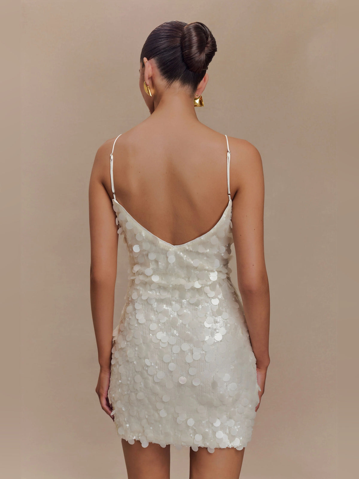Ivory sequin mini dress, open back with thin straps and scalloped hem