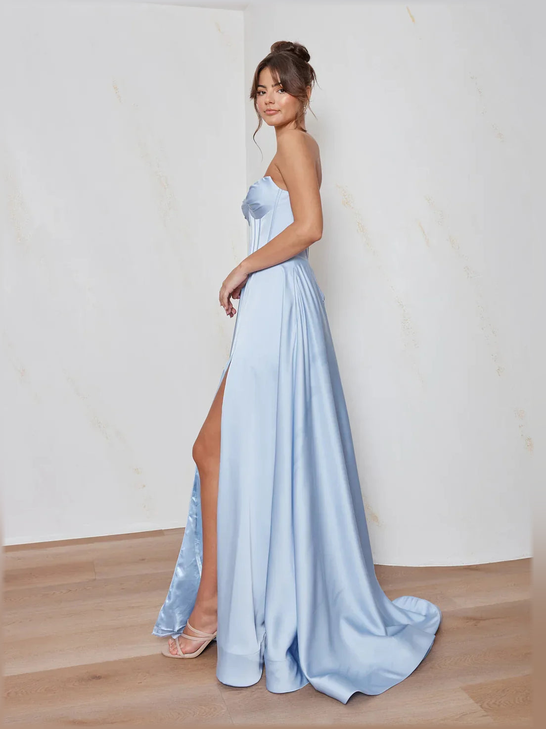 Light blue strapless corset maxi dress, side slit and sweetheart neckline with bow