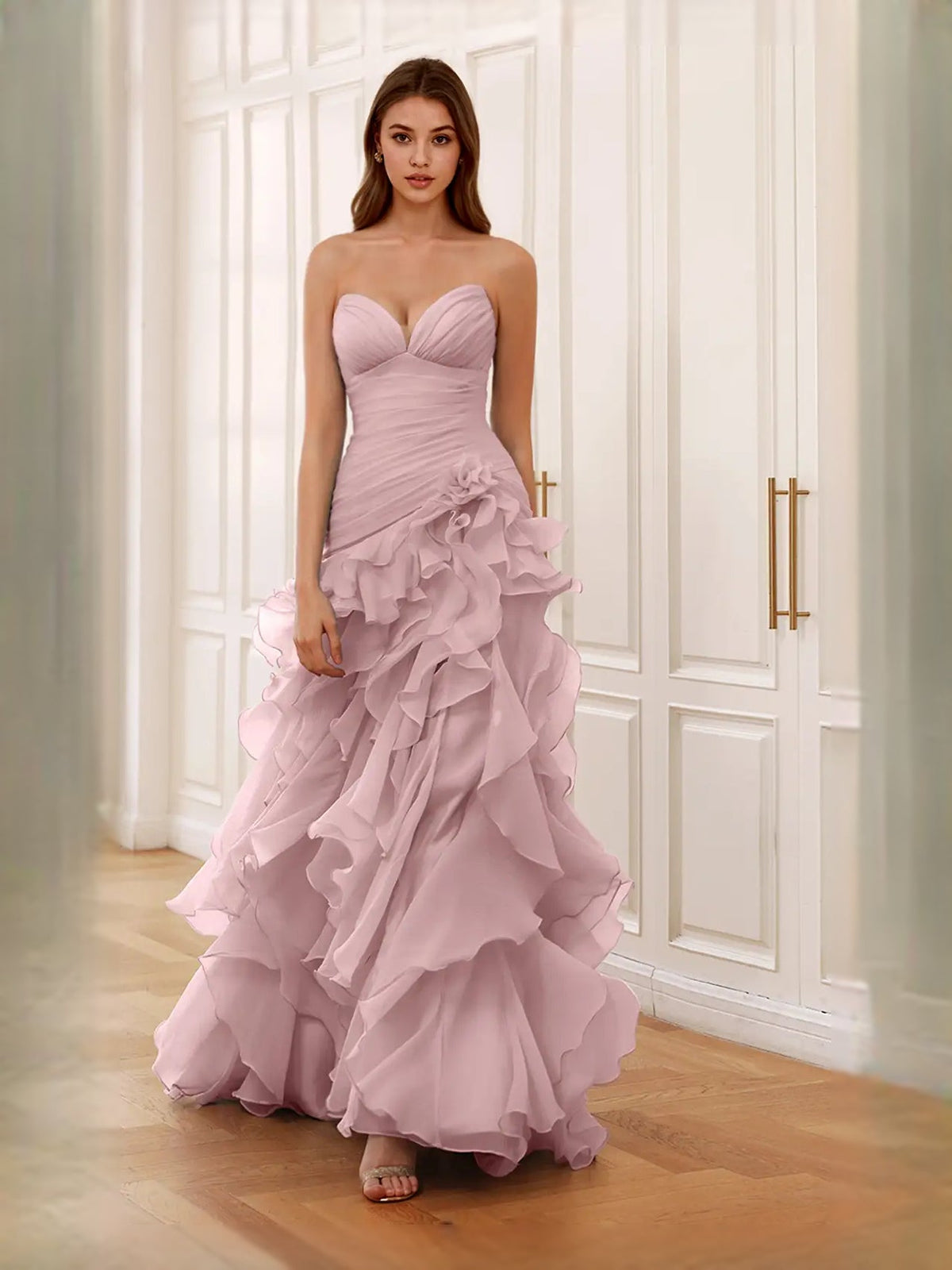 Dusty pink strapless sweetheart corset maxi dress with cascading ruffles and leg slit