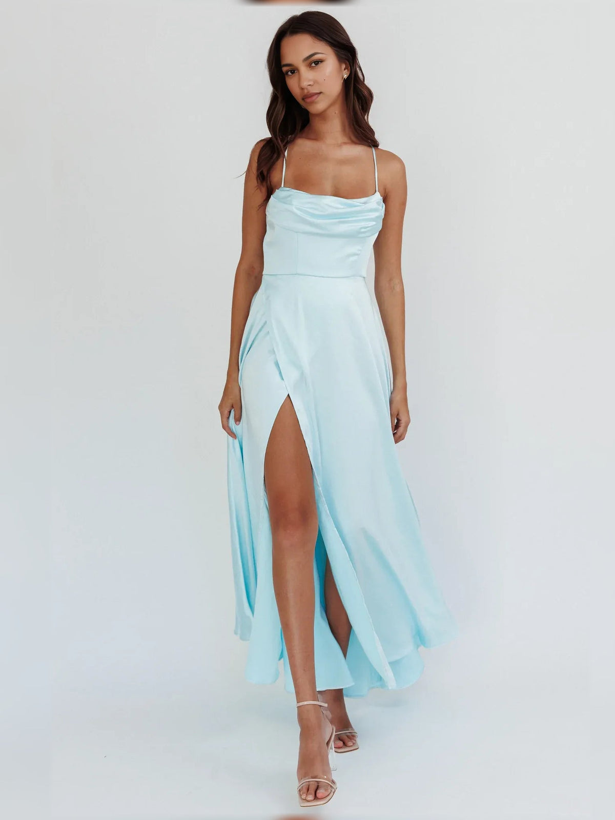 Sky blue cowl-neck maxi dress with spaghetti straps and high side slit