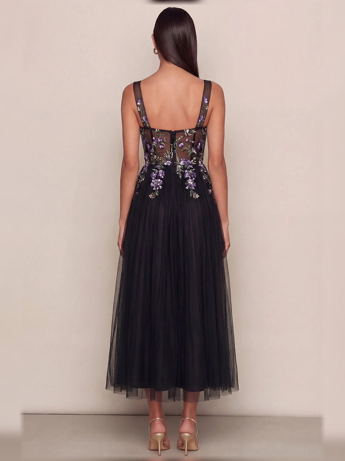 Black corset midi dress with purple floral print, open back, tulle skirt