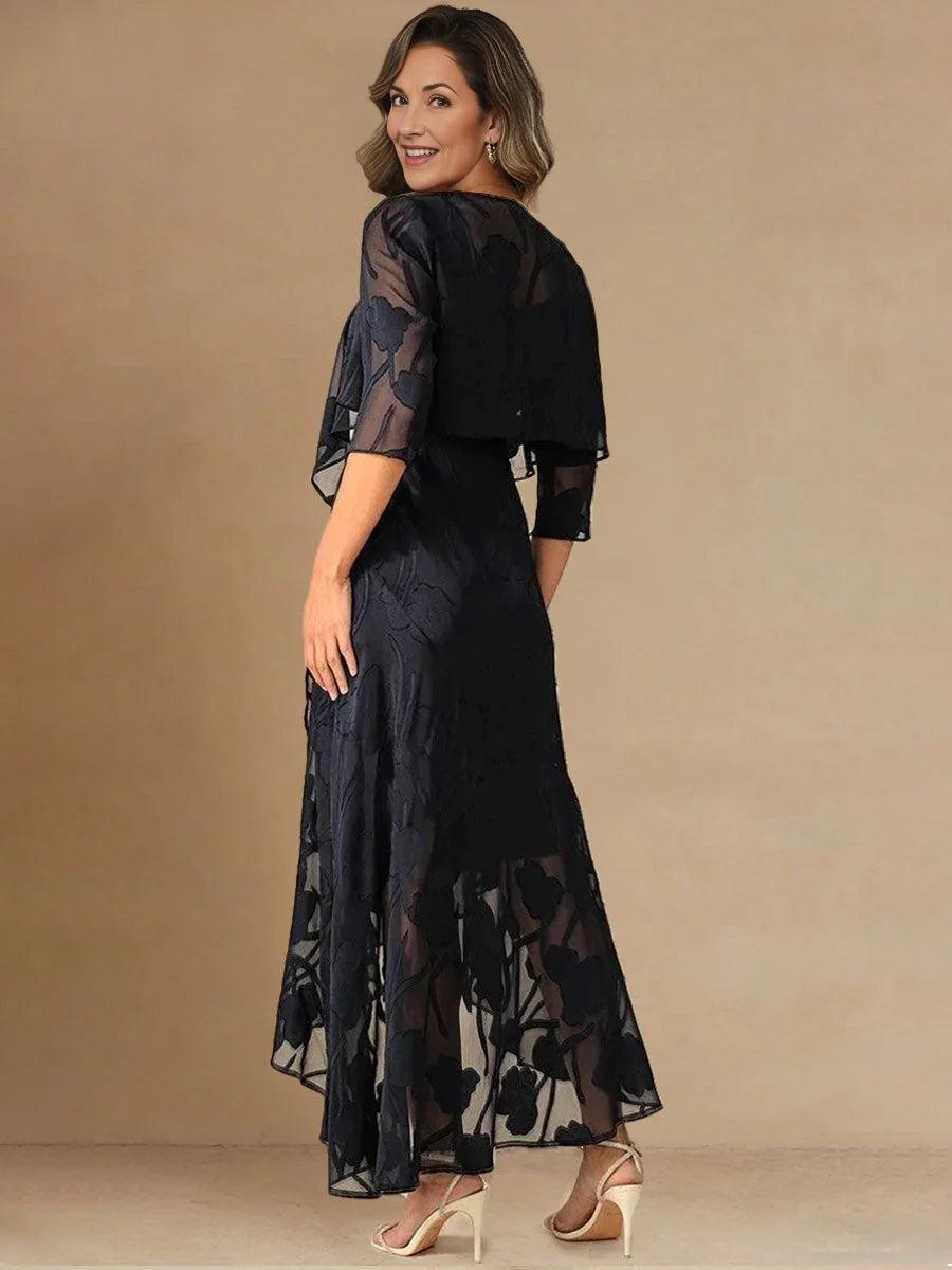 Dark navy floral chiffon midi dress, scoop neck, A-line with fluttering overlay sleeves