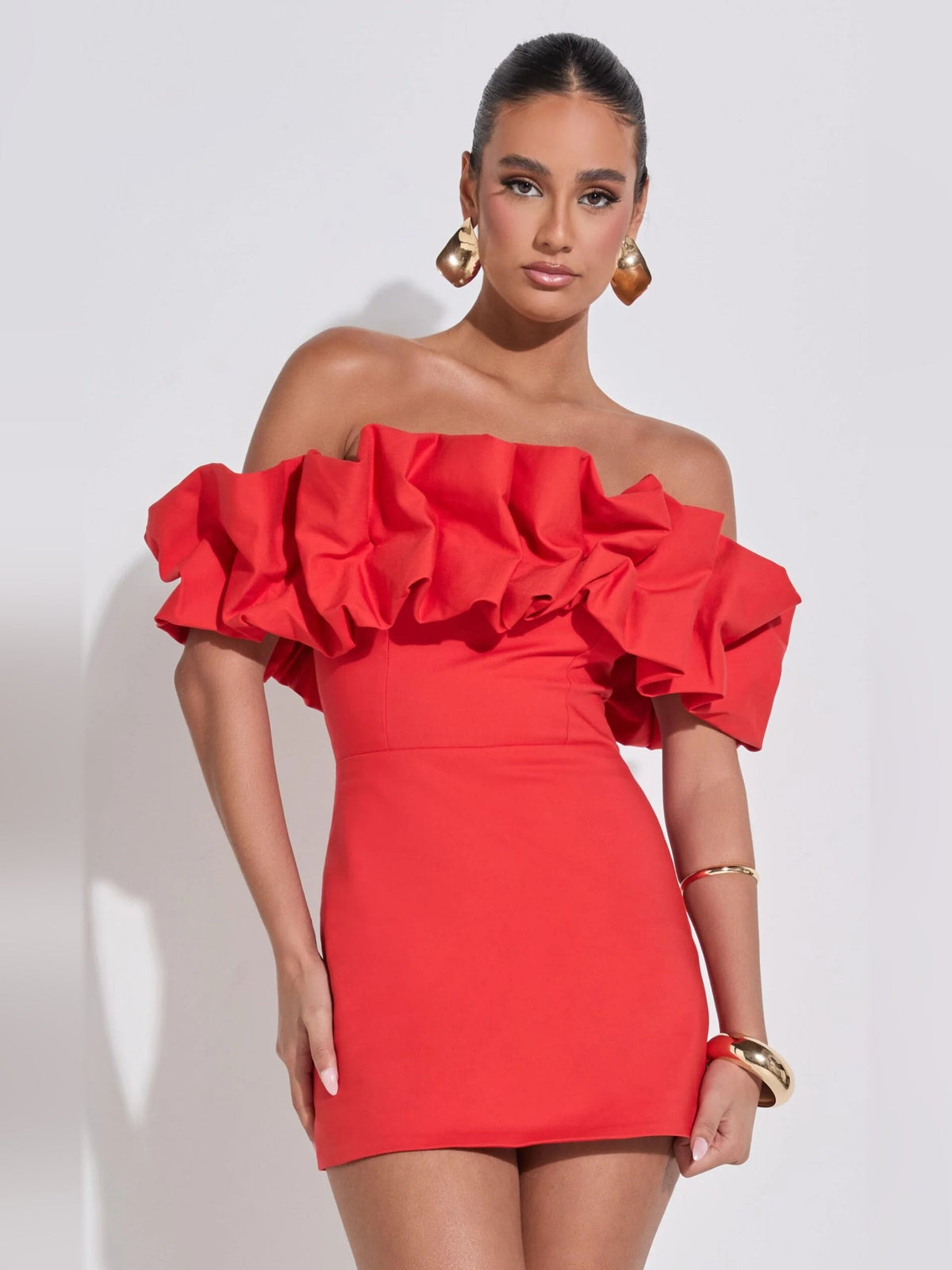 Red off-shoulder mini dress with wide ruffle off-shoulder neckline, fitted
