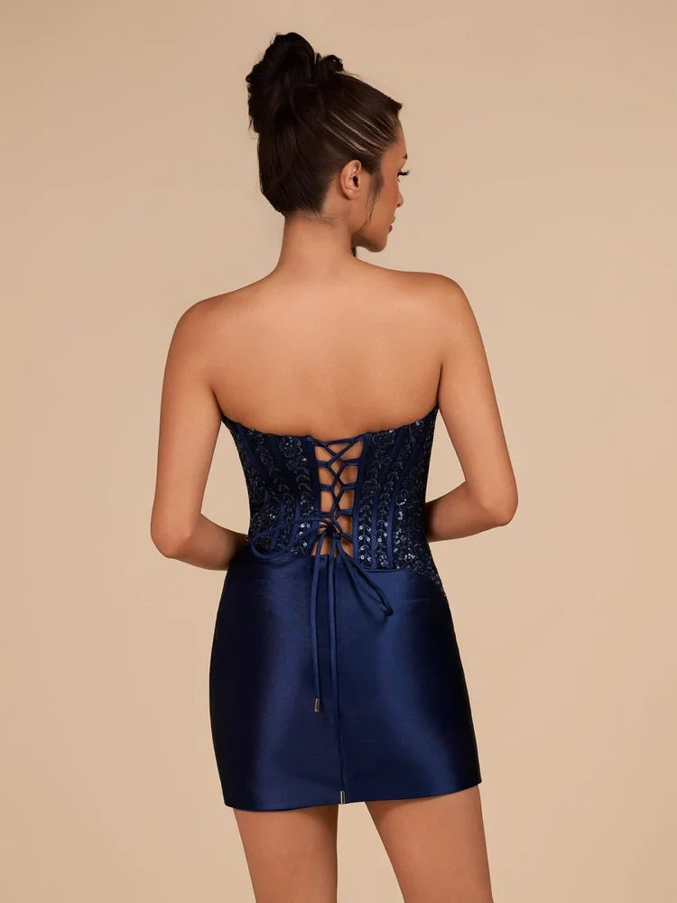 Navy strapless satin mini dress, lace-up open back with corset-style beading
