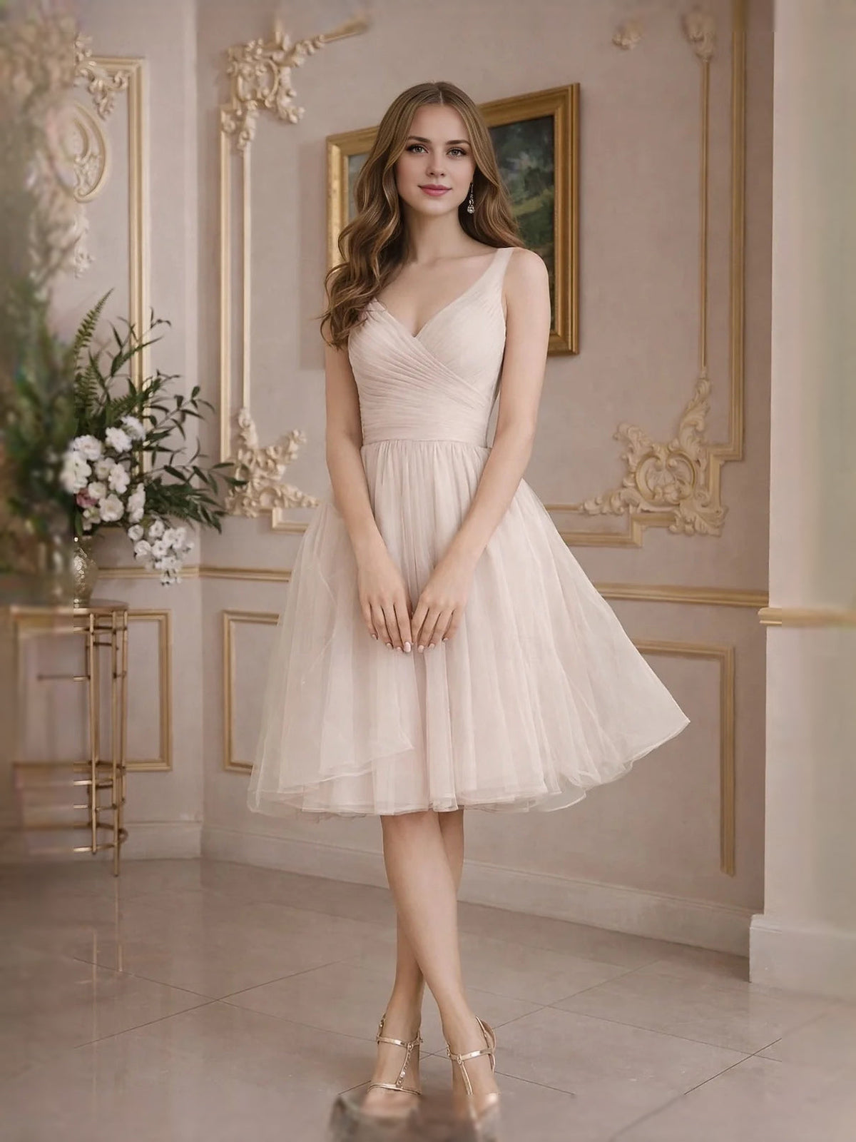 Ruched V-neck tulle prom dress, blush pink sleeveless A-line knee-length skirt