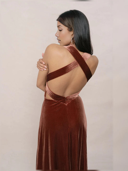 Back view of brown velvet bridesmaid dress with crisscross straps and V-back