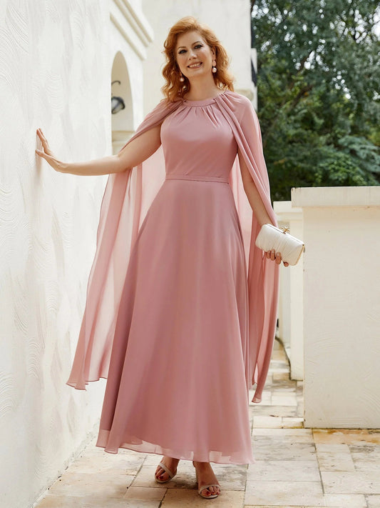 Dusty rose A-line floor-length dress with high neckline and flowing chiffon cape sleeves