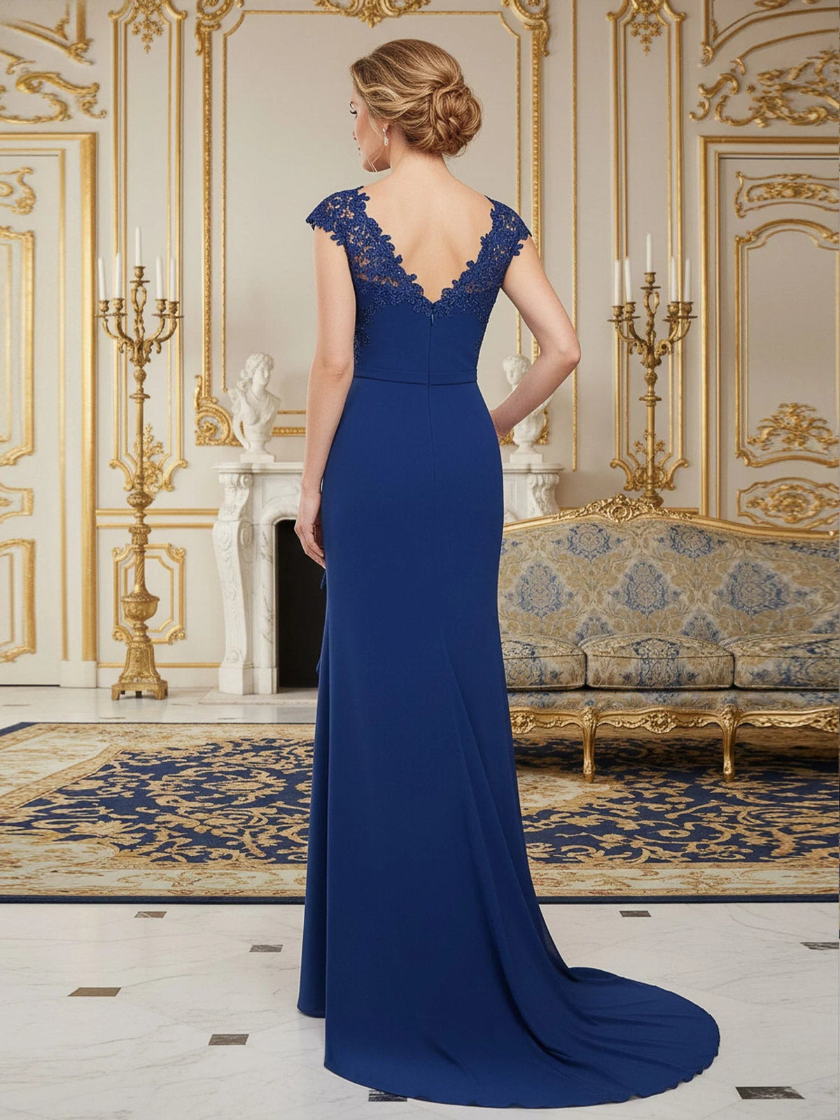 Dark navy V-neck lace mermaid formal dress, ruched back with cap sleeves and long train