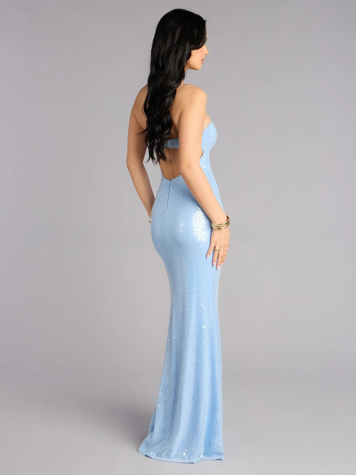 Light blue sequined mermaid formal dress with open back and starfish waist accent