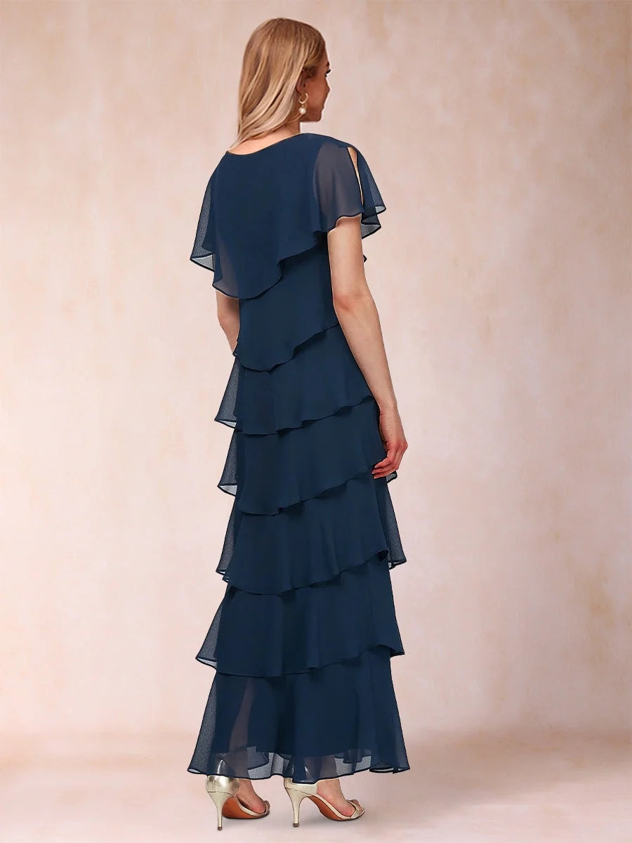 Tiered ruffled V-neck A-line maxi chiffon dress, dark navy blue, back view