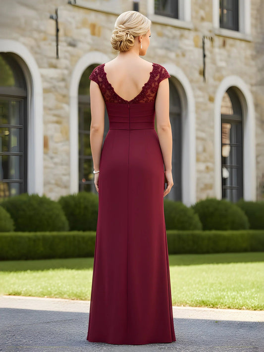 Burgundy beaded sheath dress, open back with lace cap sleeves, floor-length