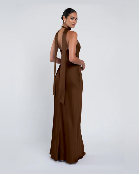 Chocolate-brown sleeveless maxi dress with V-back and side drape detail, A-line silhouette