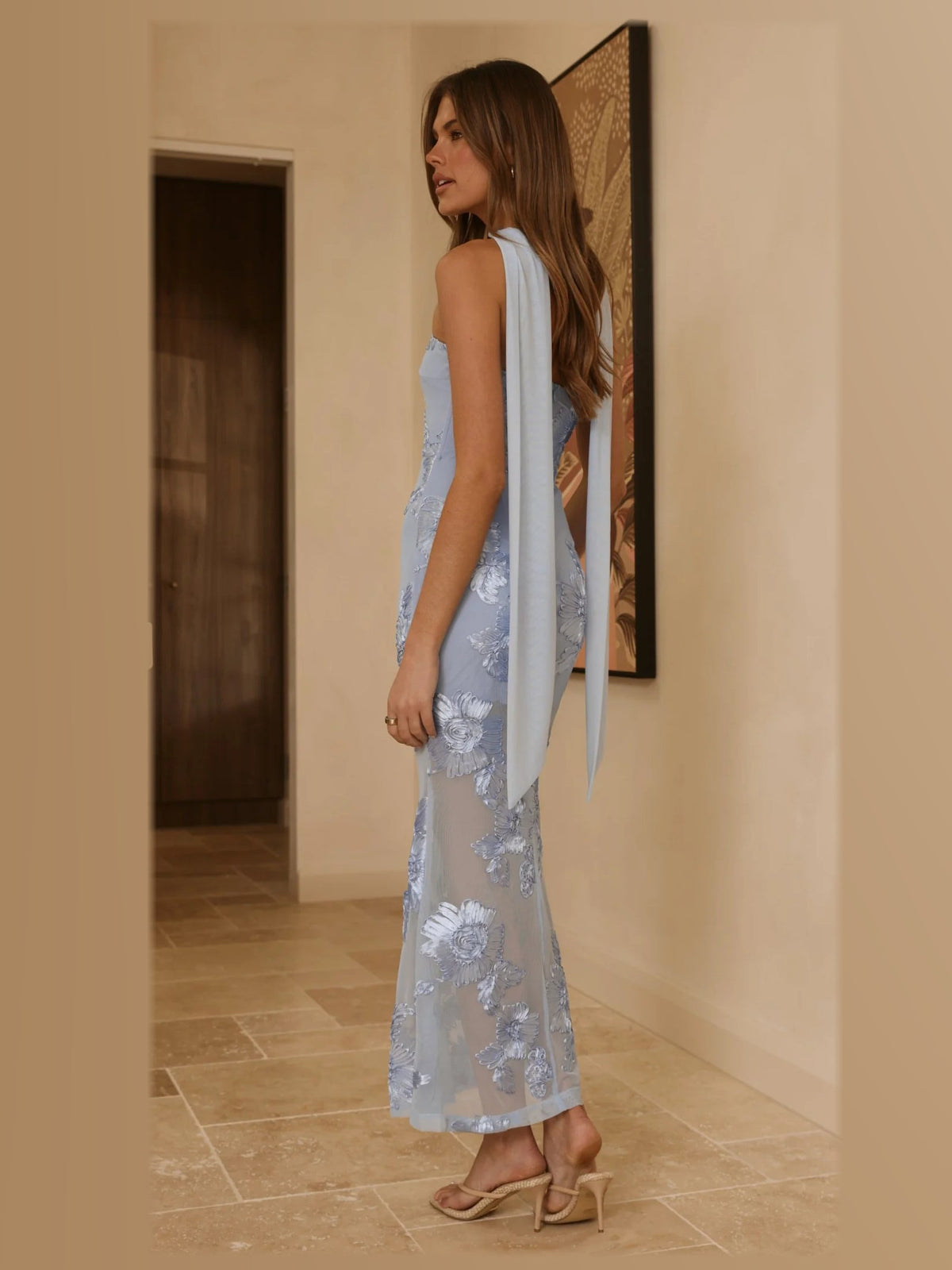 Blue midi formal dress, back full-length view showing the bodice