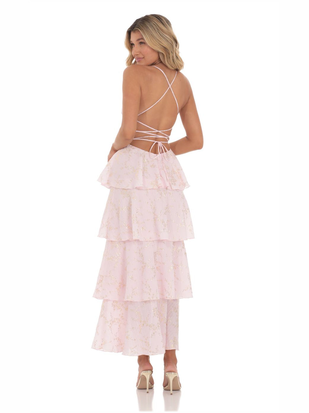 Pink a-line midi formal dress with floral print, full-length back view