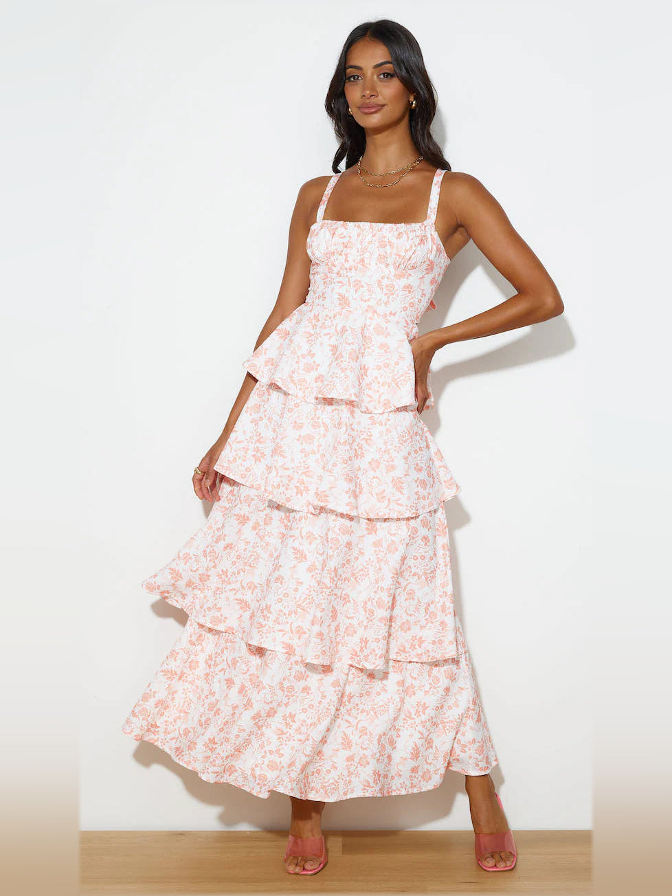 Orange a-line maxi formal dress with tiered skirt, alternate full-length view