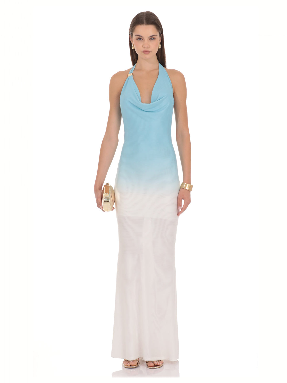 Blue And White bridesmaid dress with halter neck neckline