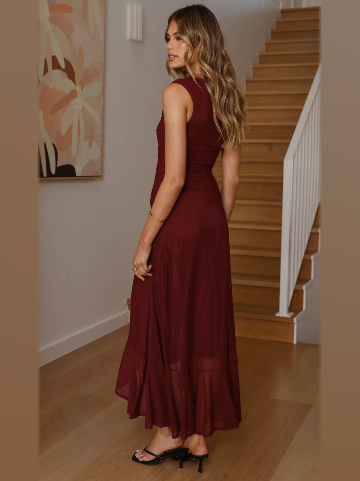 Wine maxi formal dress, back full-length view showing the bodice