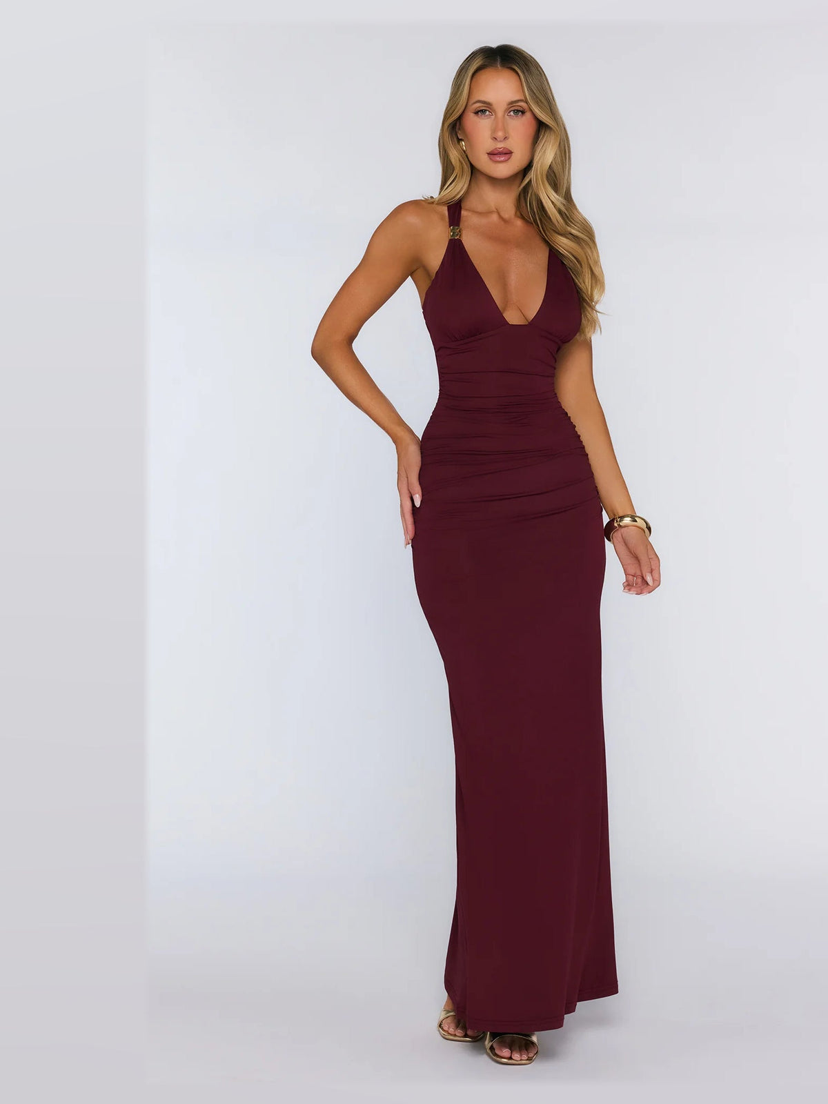 Burgundy formal dress with a-line silhouette