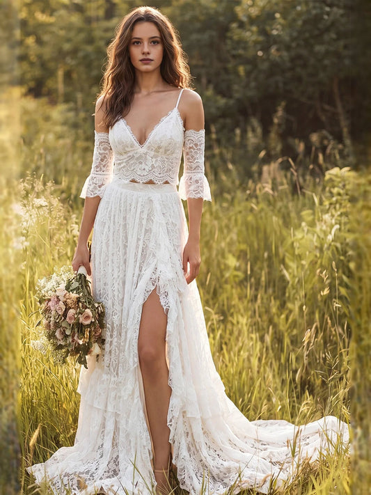 Ivory lace A-line maxi wedding dress with V-neck, spaghetti straps, and front slit