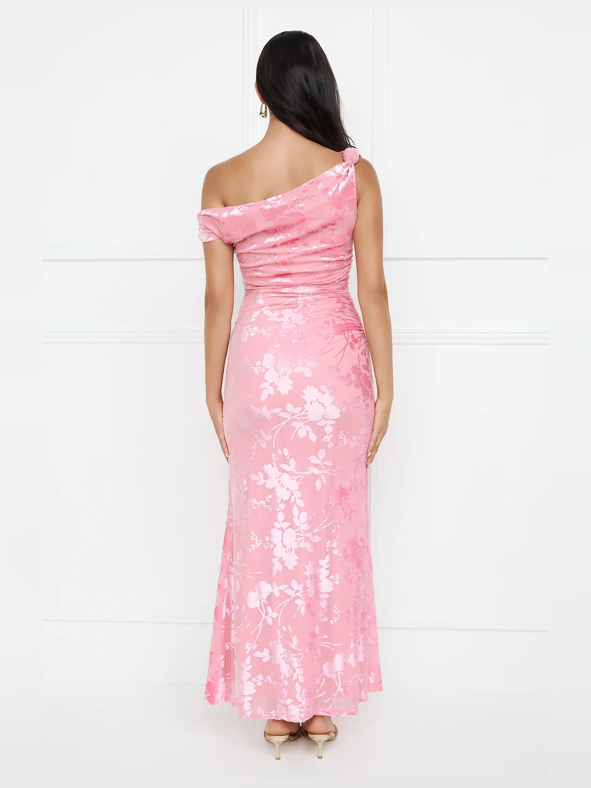 Pink sheath maxi formal dress with open back, full-length back view