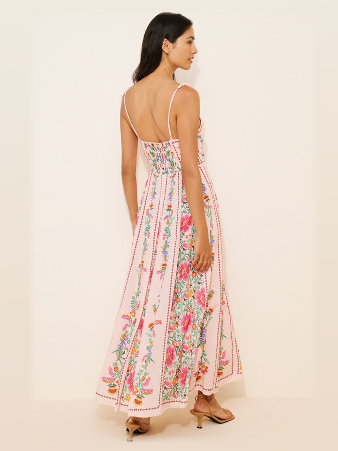 Pink Floral Print midi formal dress, back full-length view showing the bodice
