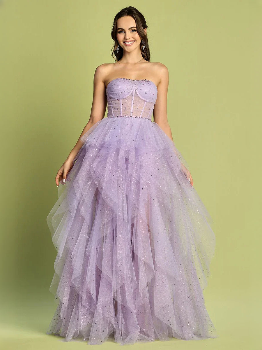 Lilac strapless corset prom dress with ruched bodice and full A-line tulle skirt