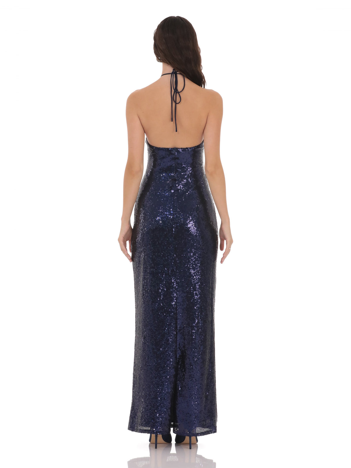 Navy bridesmaid dress with halter neck neckline