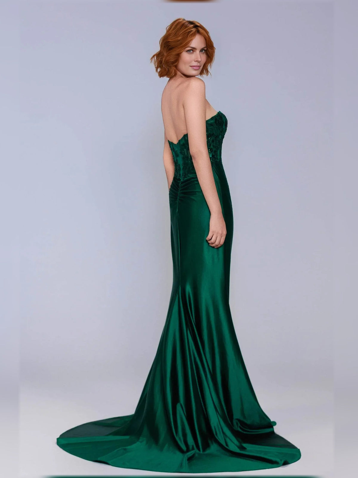 Peacock green strapless sweetheart corset formal dress with ruched satin mermaid skirt