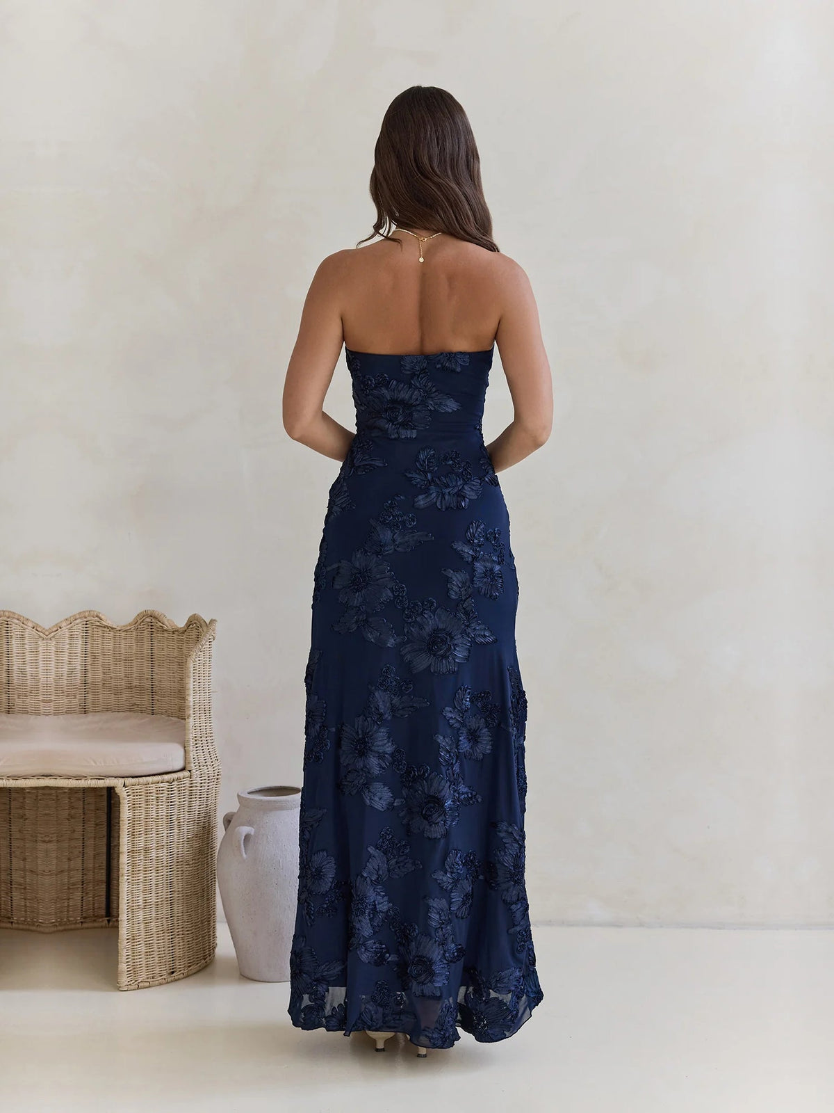 Navy sheath maxi formal dress with sheath, full-length back view