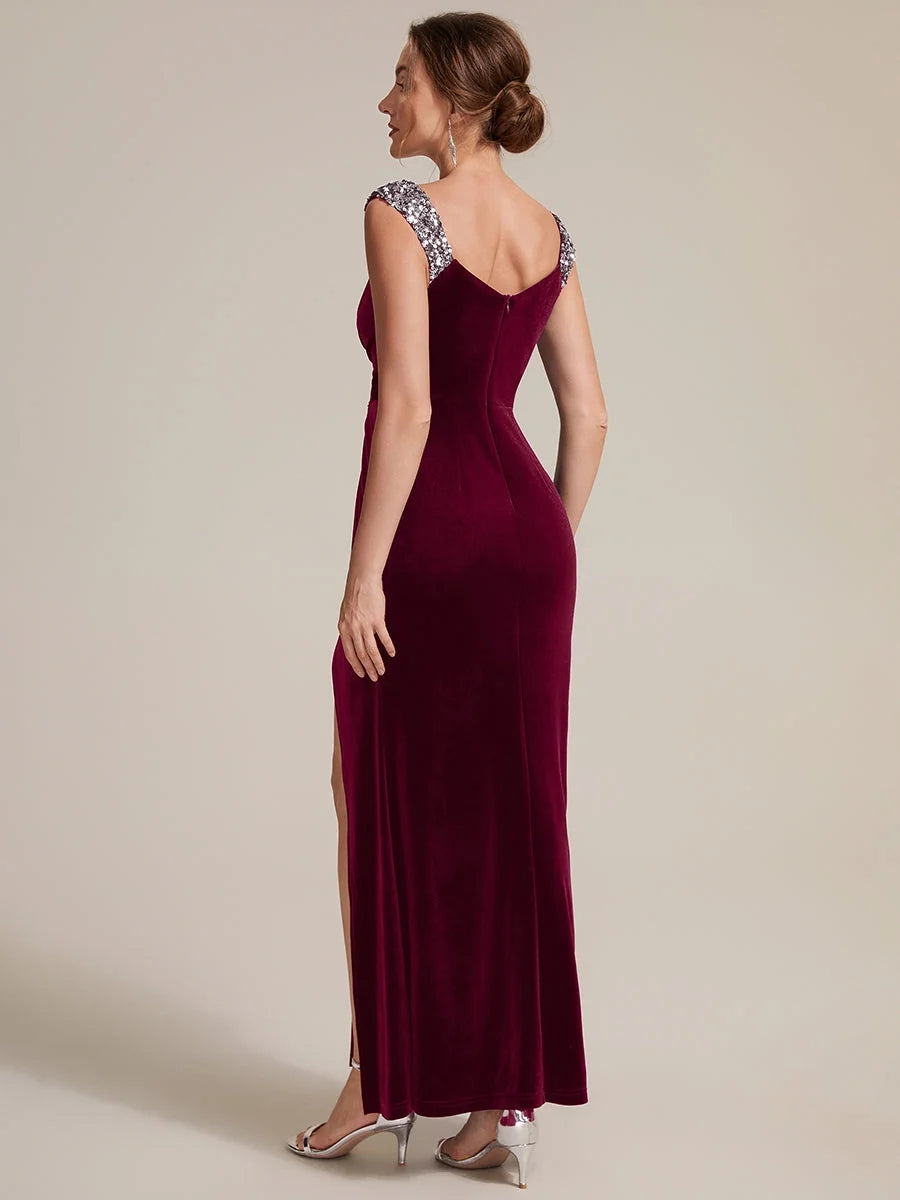 Burgundy velvet mermaid maxi dress with open back and beaded rhinestone straps