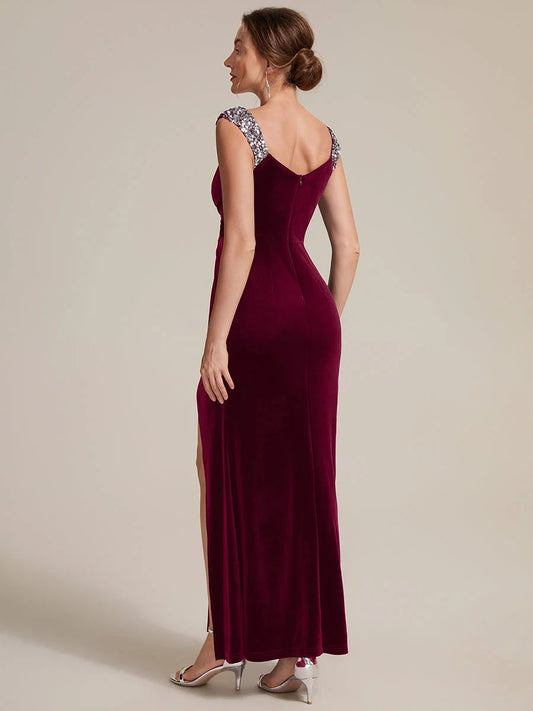 Burgundy velvet mermaid maxi dress with open back and beaded rhinestone straps