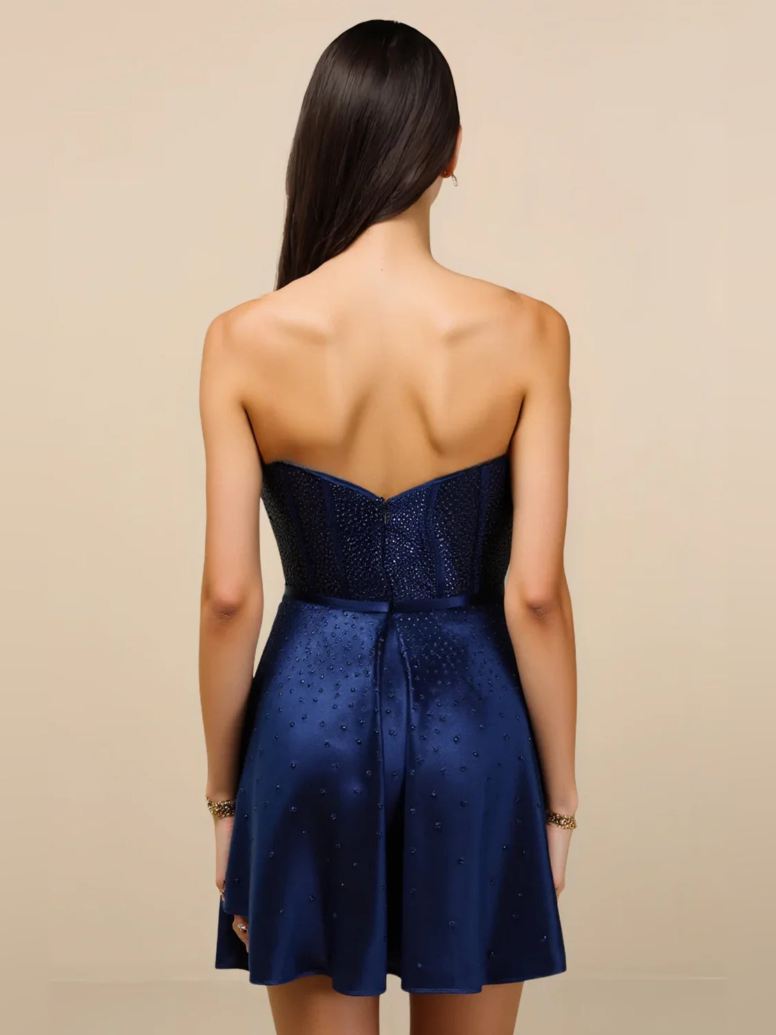 Dark navy strapless corset satin A-line short dress, open back with center seam