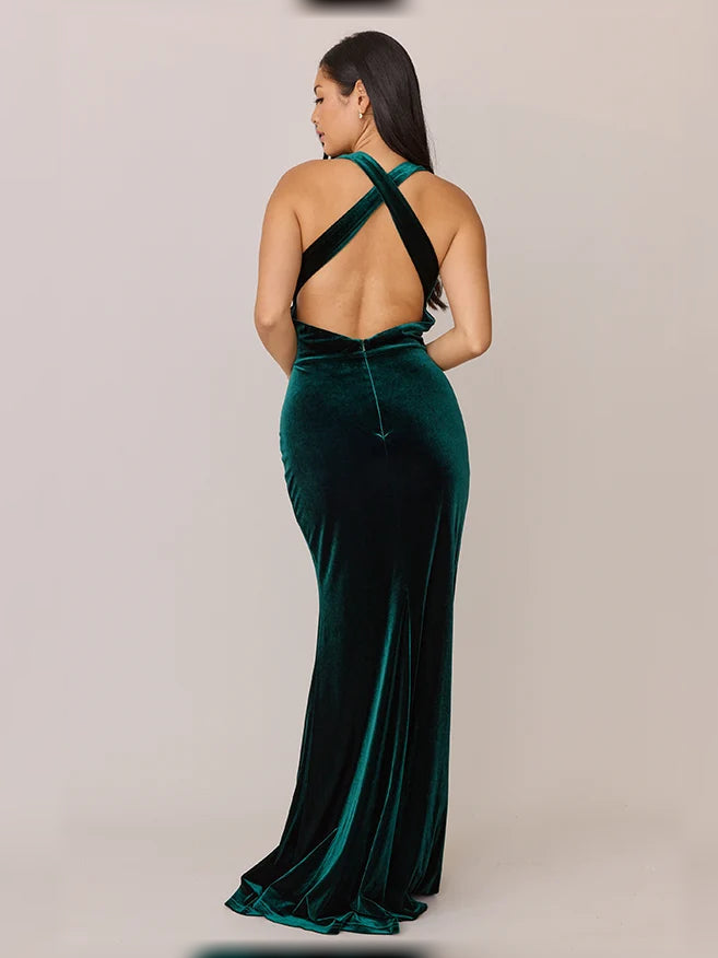 Dark green velvet mermaid bridesmaid dress with crisscross open back and side slit