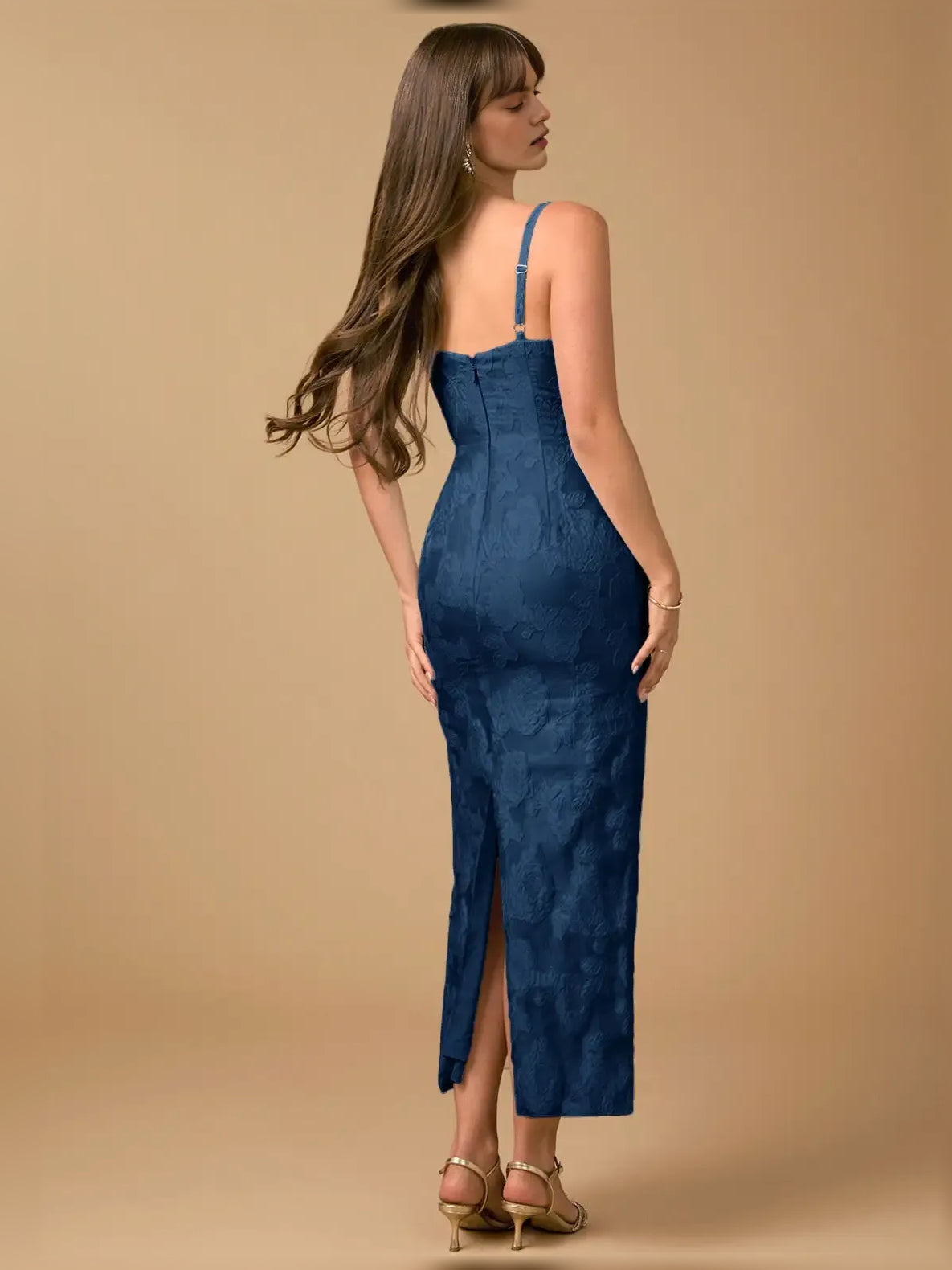 Floral print midi formal dress with sweetheart neckline and spaghetti straps, dark blue side view
