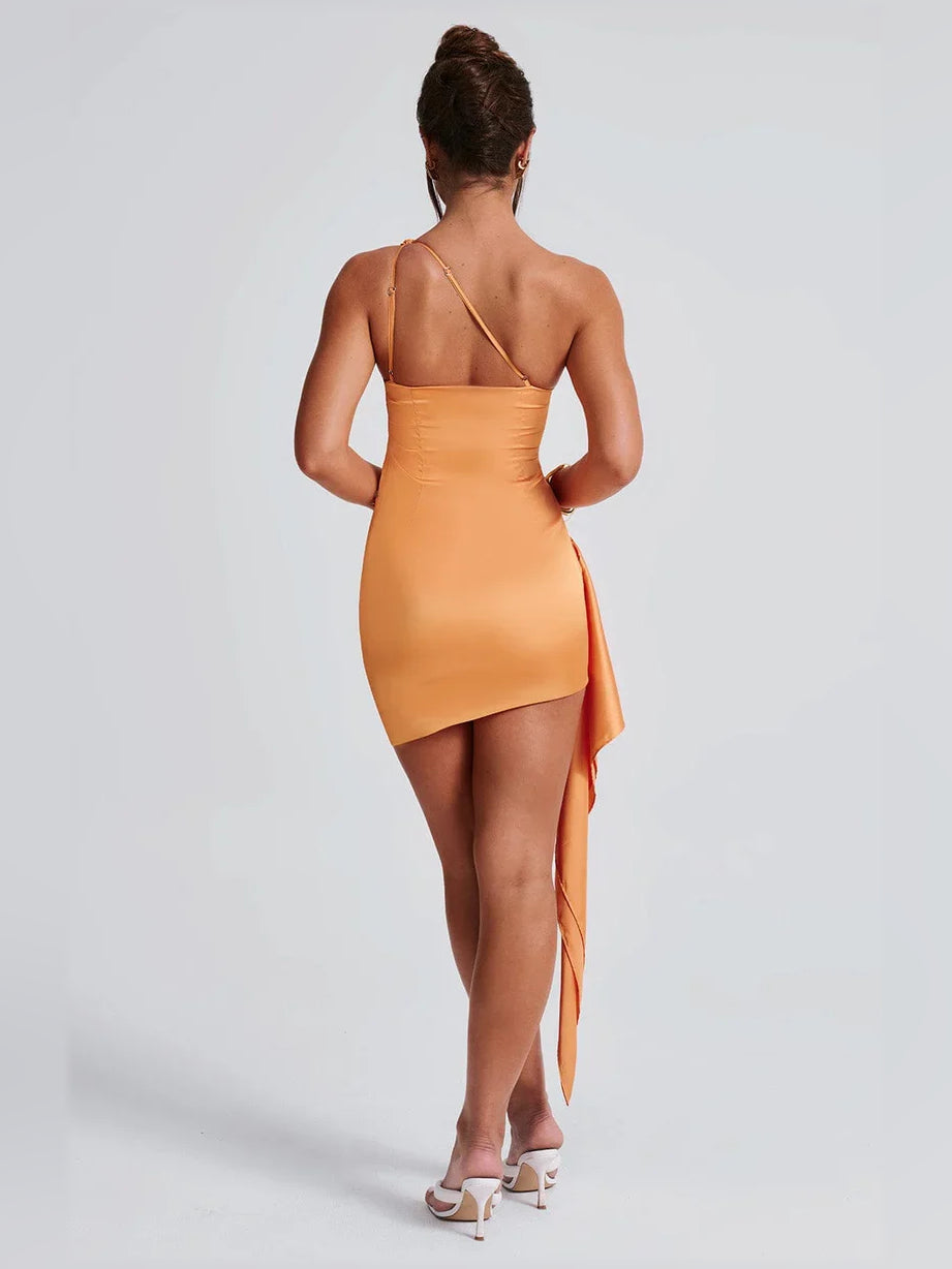 Orange satin one-shoulder mini formal dress, back view with thin shoulder strap