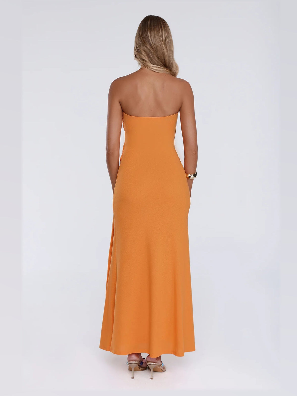 Orange maxi formal dress, back full-length view showing the bodice