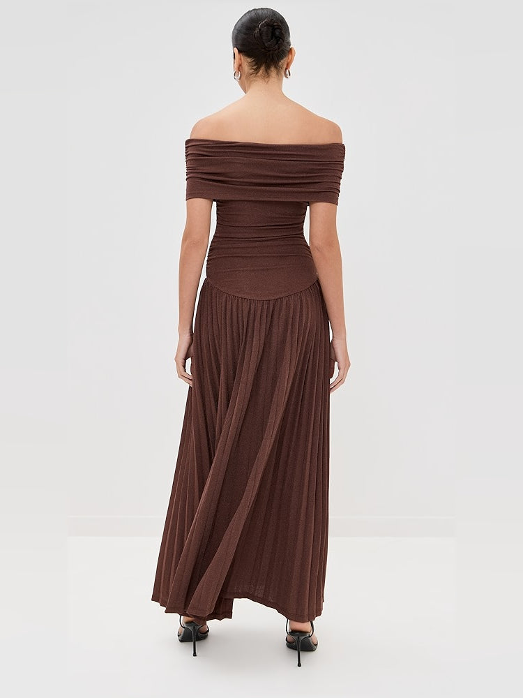 Brown a-line maxi formal dress with ruching, full-length back view