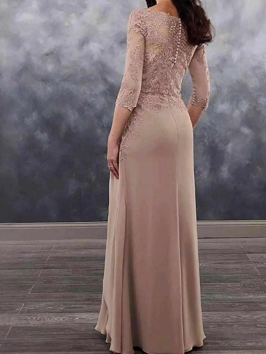 Taupe A-line floor-length dress with lace bateau neckline and draped ruffle skirt