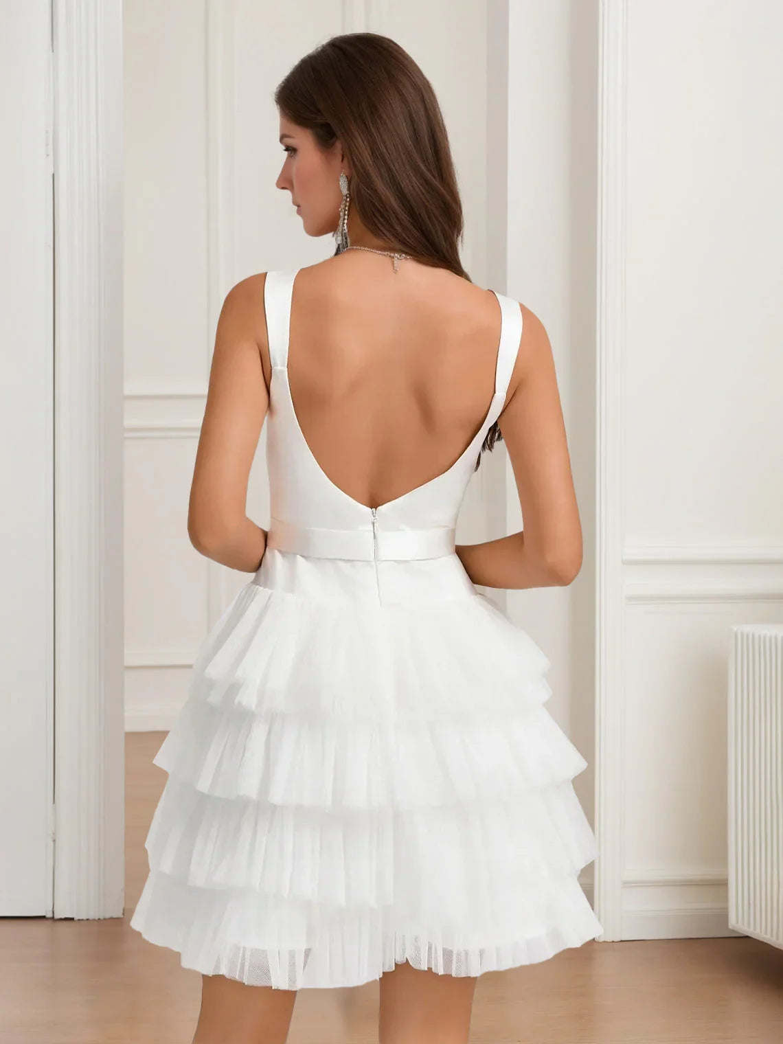 White satin square-back tiered A-line mini dress with bow waist detail
