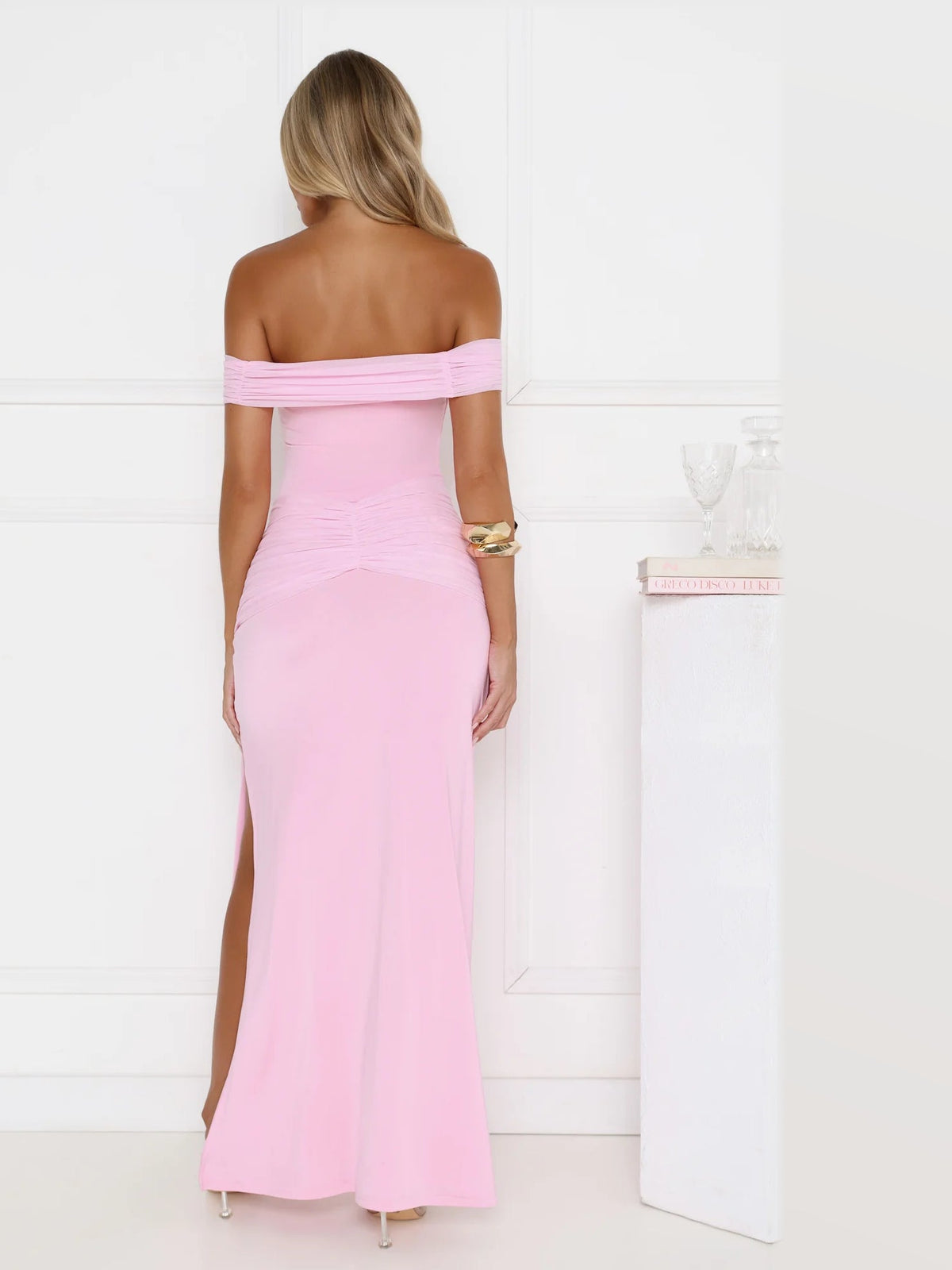 Pink maxi formal dress, back full-length view showing the bodice