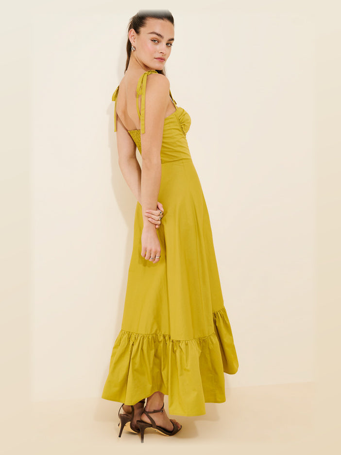 Mustard Yellow maxi formal dress, back full-length view showing the bodice