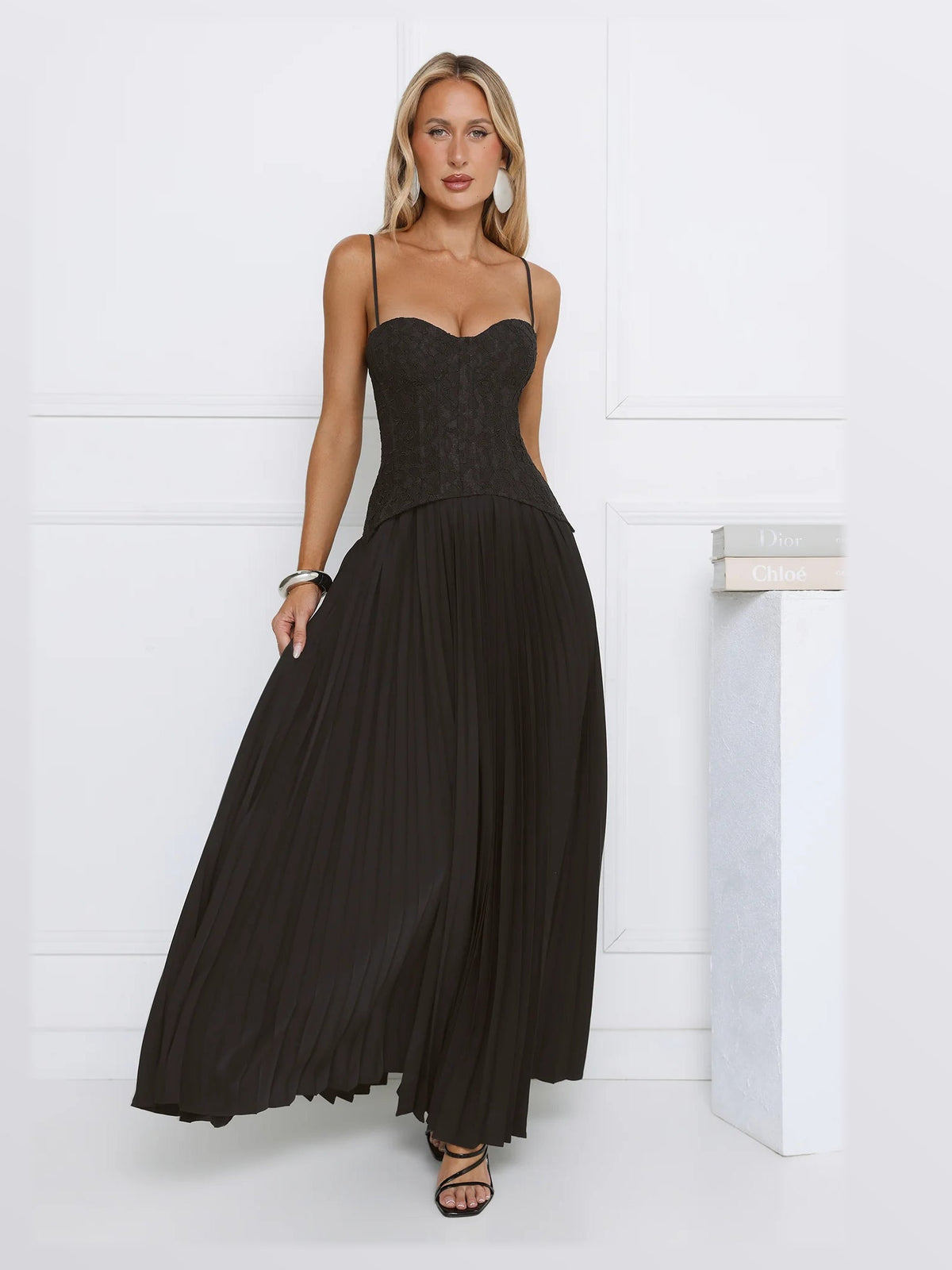 Black formal dress with a-line silhouette