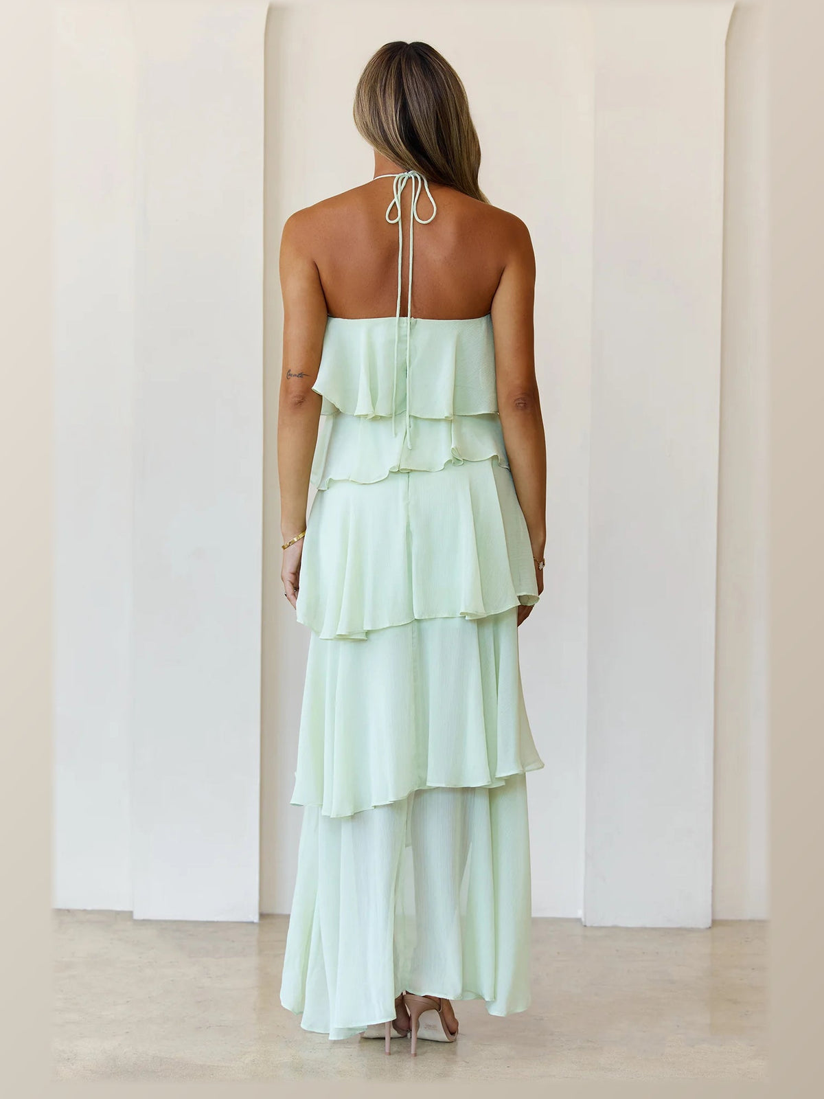 Lime maxi formal dress, back full-length view showing the bodice