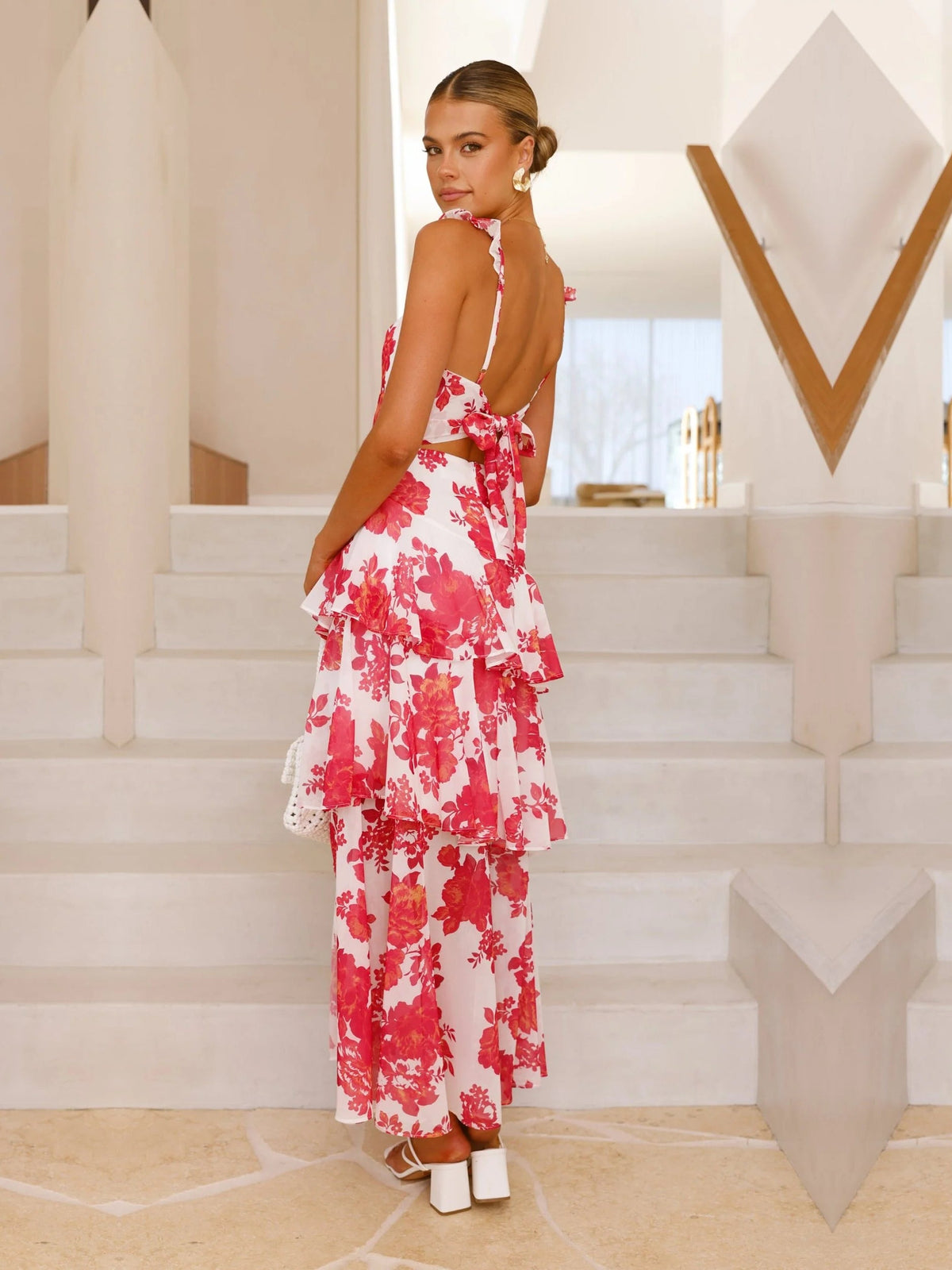 Red Floral a-line maxi formal dress with floral print, full-length back view